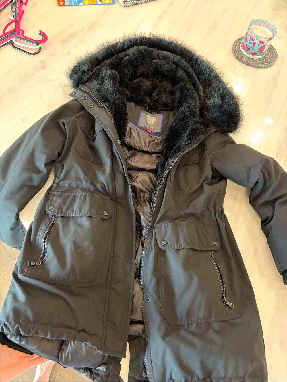 Vince Camuto Black Faux Fur Hood Parka Women Winter Utility Coat